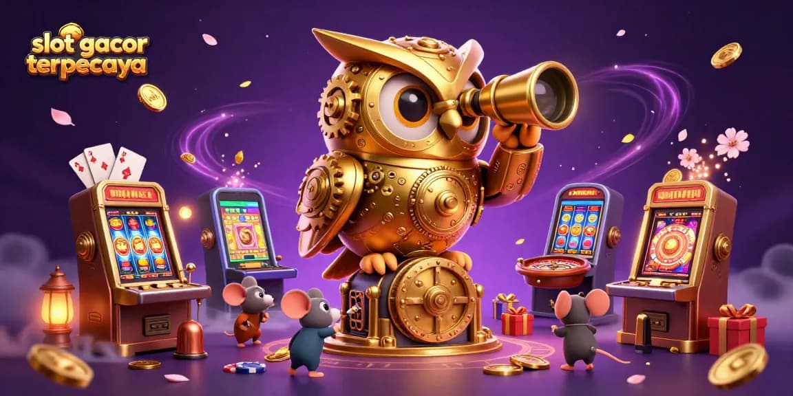 Menghadirkan slot gacor terpercaya di kasino, ilustrasi 3D burung hantu emas dan tikus berputar.