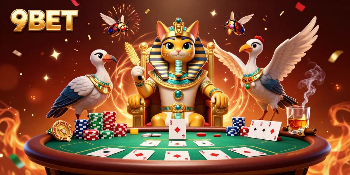 Experience the thrill of 9BET poker with a cat pharaoh and vibrant casino atmosphere.