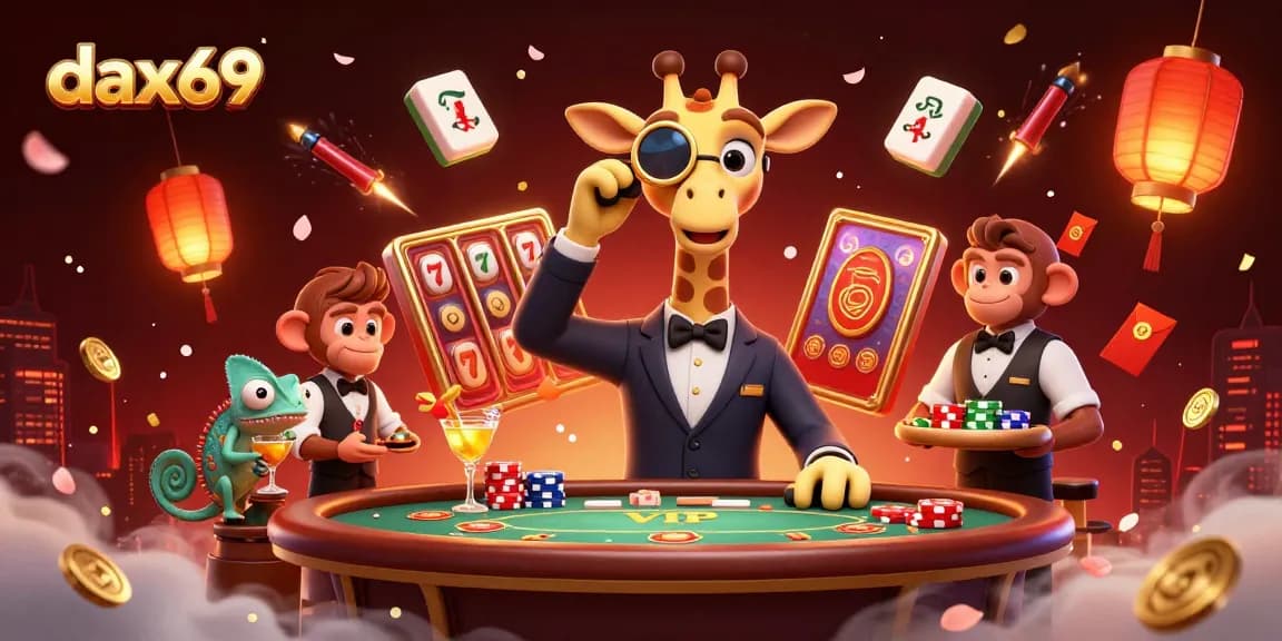 Dax69 menghadirkan suasana menarik perjudian dengan jerapah dan monyet valet di atas meja poker.