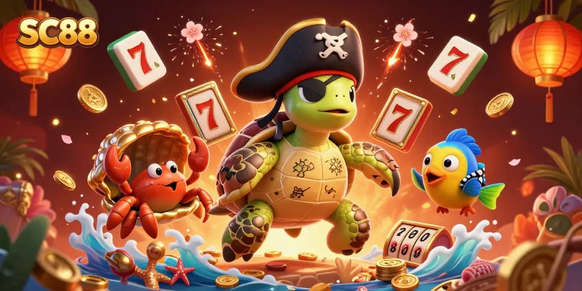 Engage with SC88's thrilling casino experience, featuring lively 3D characters surrounded by slot elements and treasures.
