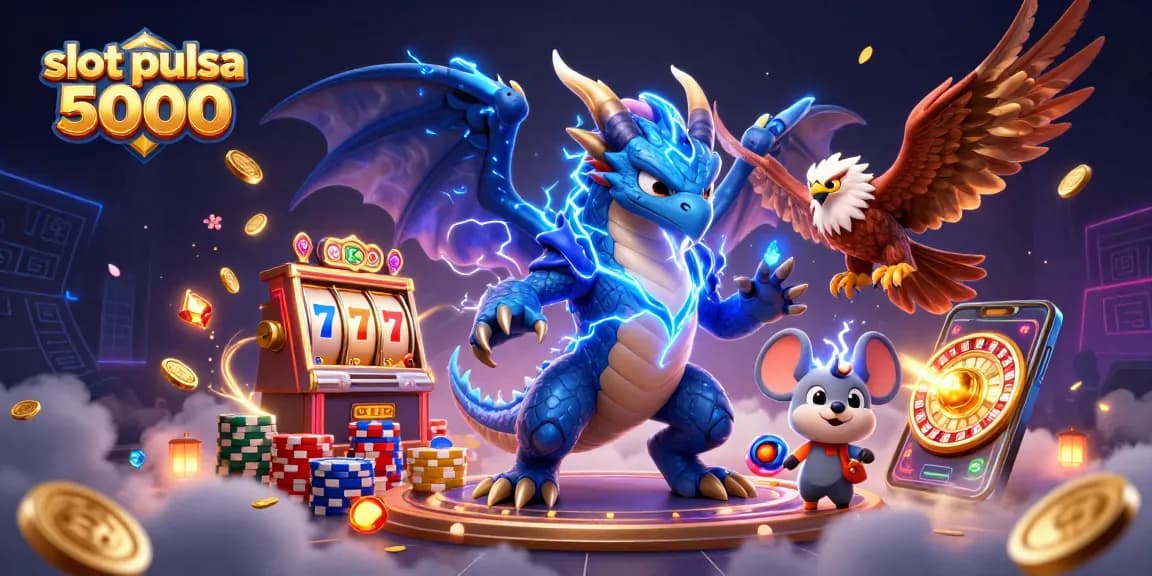 Permainan slot pulsa 5000 dengan karakter naga dan burung bersinar, penuh koin emas dan permata