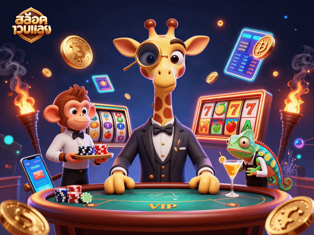 Engage with สล็อตเว็บตรง in an exciting poker scene featuring vibrant characters and dynamic gambling elements.