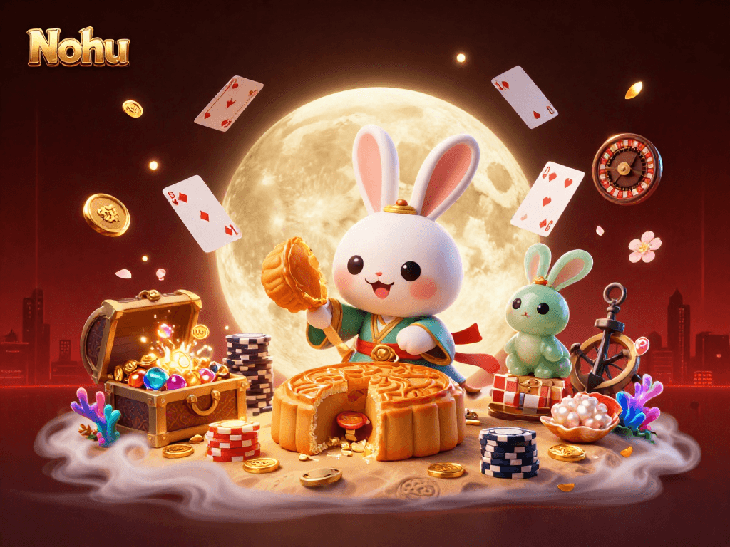 Nohu showcases a 3D moon rabbit cracking golden mooncakes filled with poker chips amidst vibrant casino elements.