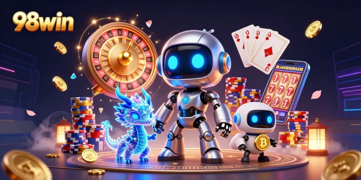 Experience thrilling gaming at 98win with vibrant 3D illustration showcasing roulette, poker, and coins.
