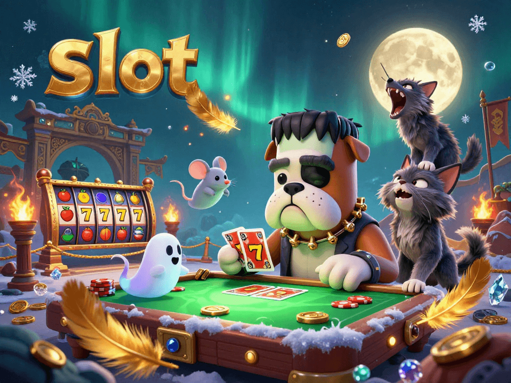 Engaging 3D illustration of a Frankenstein bulldog dealing slot cards among gold coins and a ghost mouse.
