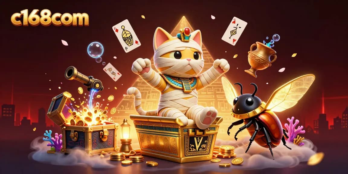 Engage with c168com's vibrant casino games featuring mummy cat and glowing scarab amidst dynamic treasures.