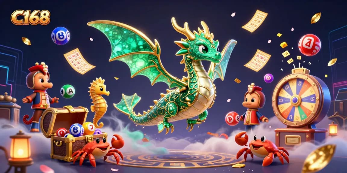 C168 offers exciting lottery and gaming elements in a vibrant 3D scene filled with color and action.