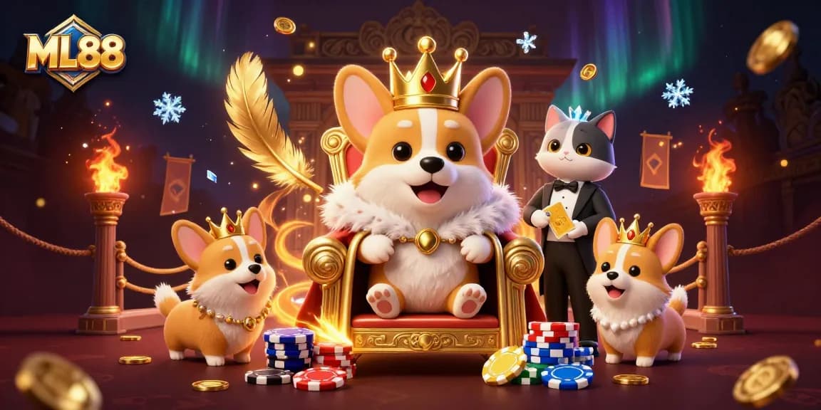 ML88 showcases a royal corgi in a vibrant casino realm, presenting golden card decks and poker treasures.