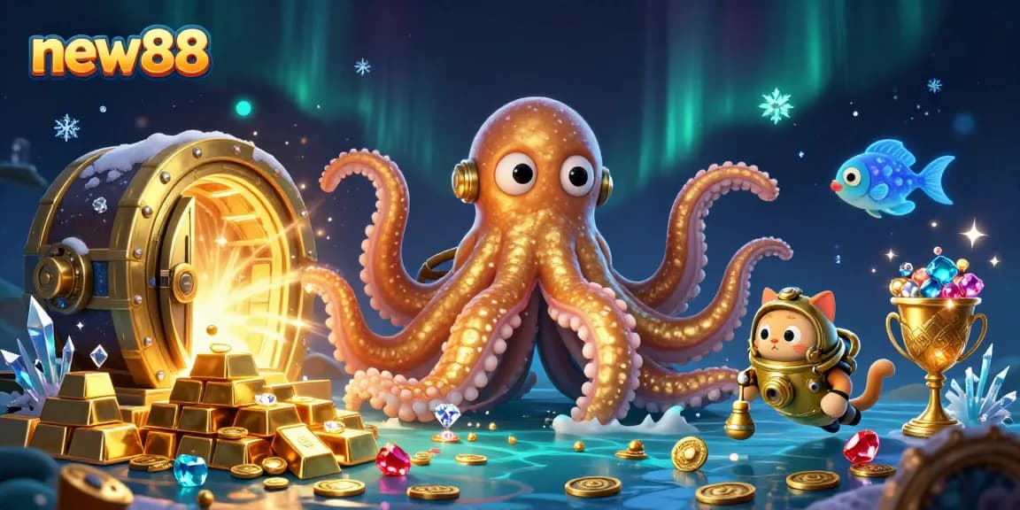 Excite with new88's thrilling casino gameplay under the watchful gaze of the kraken, stacked with treasures.