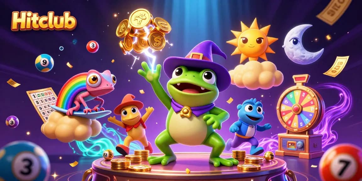 Spin and win at Hitclub with exciting lottery themed 3D characters amidst a storm of winning coins.