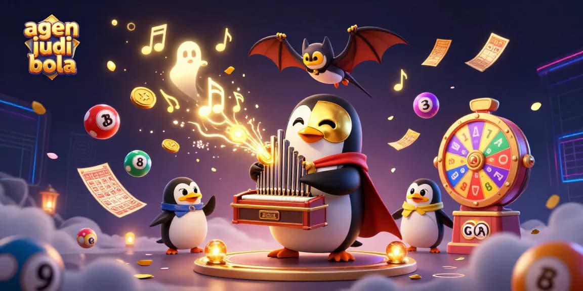 Engage in fun with the agen judi bola scene featuring a penguin, acrobat, and lively game elements.