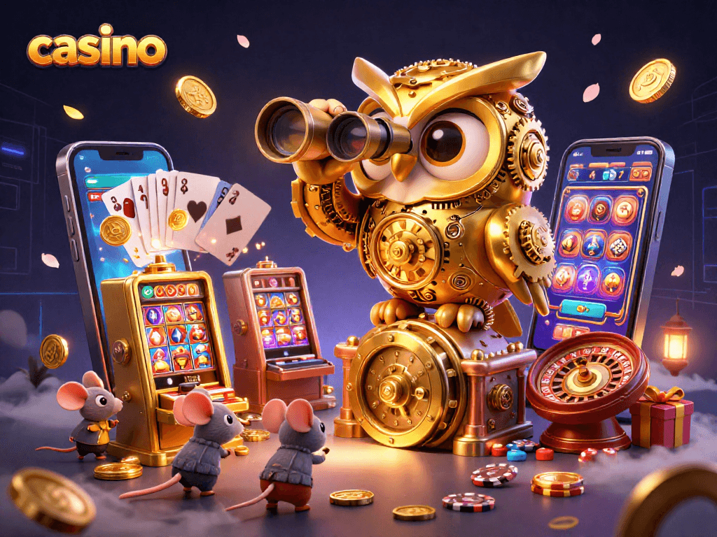 Experience the magic of the casino as golden owls oversee thrilling slot games and dynamic action.