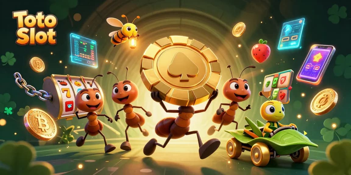 Engage with Toto Slot adventures as ants carry a gigantic poker chip amidst vibrant casino elements.