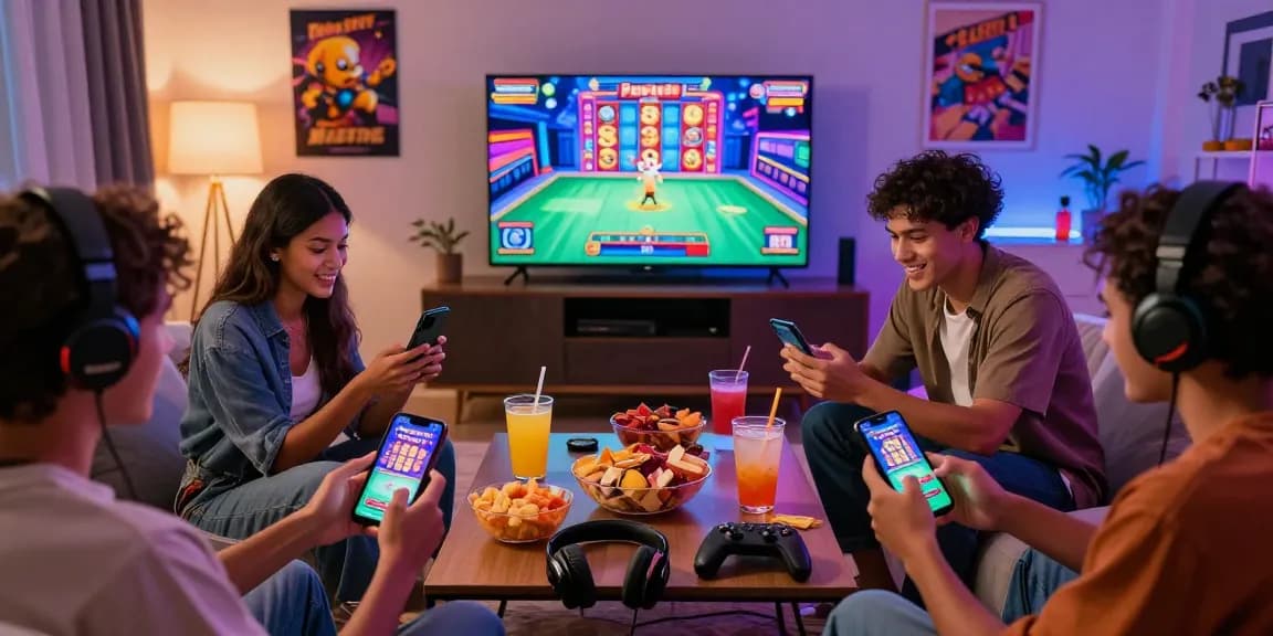 Pussy888 ios gaming scene with friends enjoying the app together in a cozy living room.