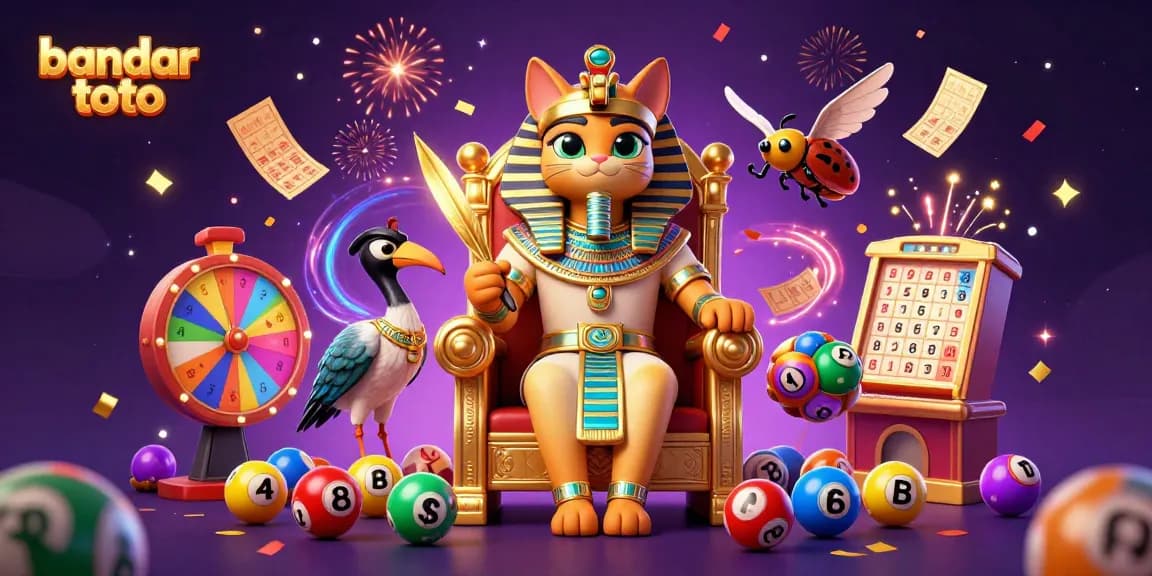 Experience the vibrant bandar toto scene with a pharaoh cat amidst golden gaming elements and dynamic lottery action.