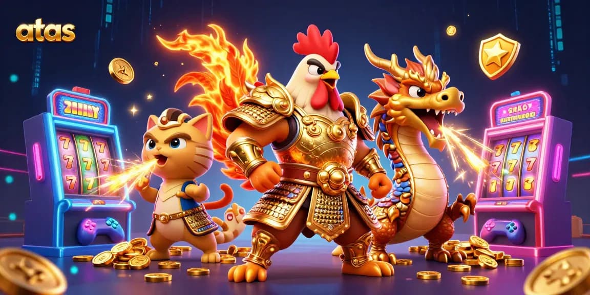 Engage in exciting gameplay at ATAS Casino, featuring a powerful warrior and thrilling slot machines.
