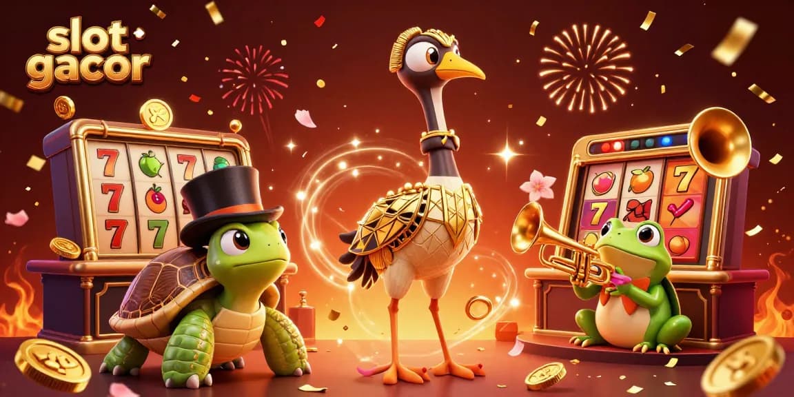 Mengoptimalkan slot gacor dengan simbol jackpot dan karakter kasino berwarna cerah.