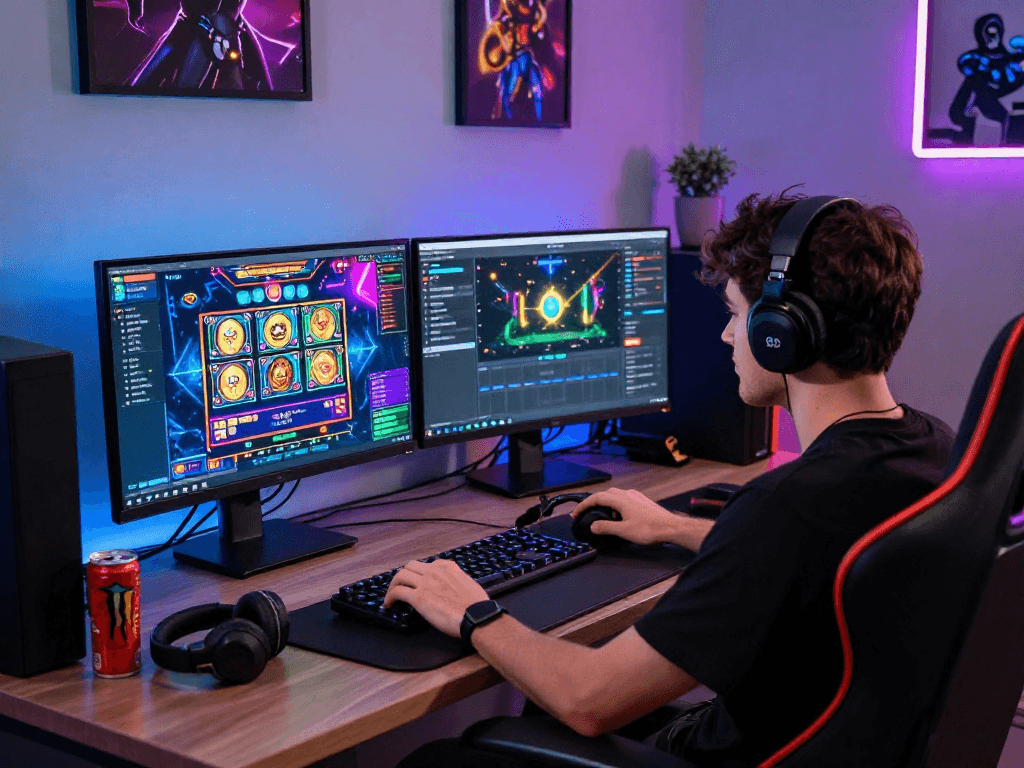 Gamer bersemangat bermain pawangslot dengan monitor berwarna cerah dan aksesori gaming.
