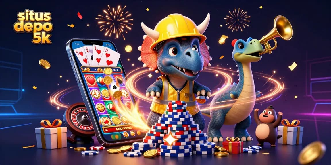 Engage with the situs depo 5k experience through a vibrant casino scene featuring slots and celebration elements.