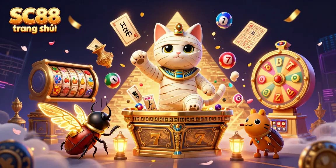Engage in thrilling gaming action at SC88 trang chủ with an exotic Egyptian theme featuring vibrant slot symbols and dynamic lottery games.