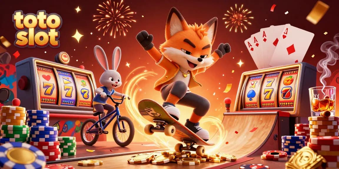 Experience thrilling toto slot action with a cartoon fox and rabbit in a vibrant casino scene.