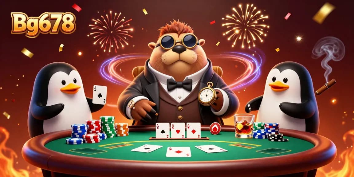 Experience excitement with Bg678 at a vibrant poker table featuring whimsical characters, high stakes, and colorful casino elements.