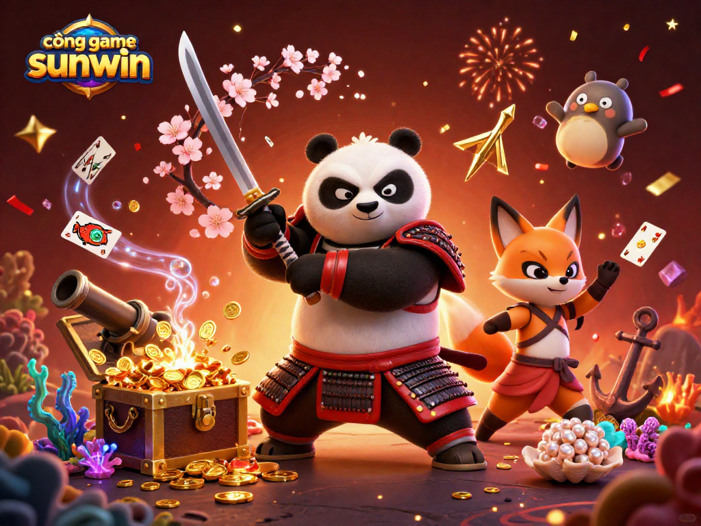 Engage with cổng game sunwin through an exhilarating scene featuring a dynamic samurai panda, ninja fox, and magical tanuki amidst rich casino elements.