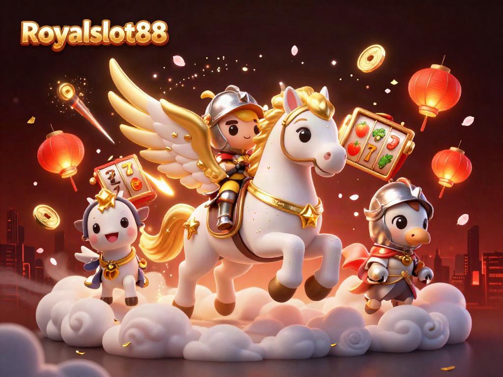 Royalslot88 bermain slot online dengan unicorn terbang di jajaran simbol permainan, kemewahan permainan digital.