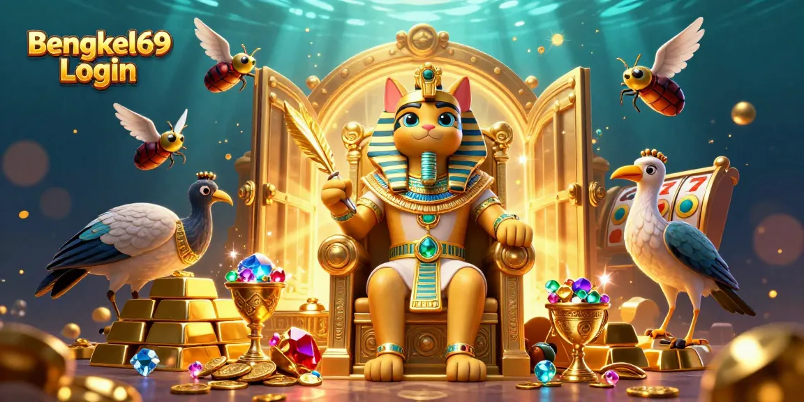 Bengkel69 Login scene featuring an Egyptian pharaoh cat and treasures in a dynamic casino atmosphere.