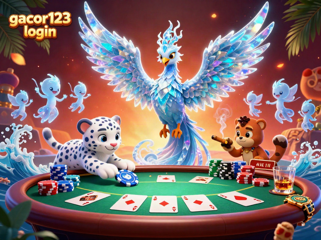 Experience the dynamic gambling scene with gacor123 login featuring a vibrant poker table, characters, and rich detail.