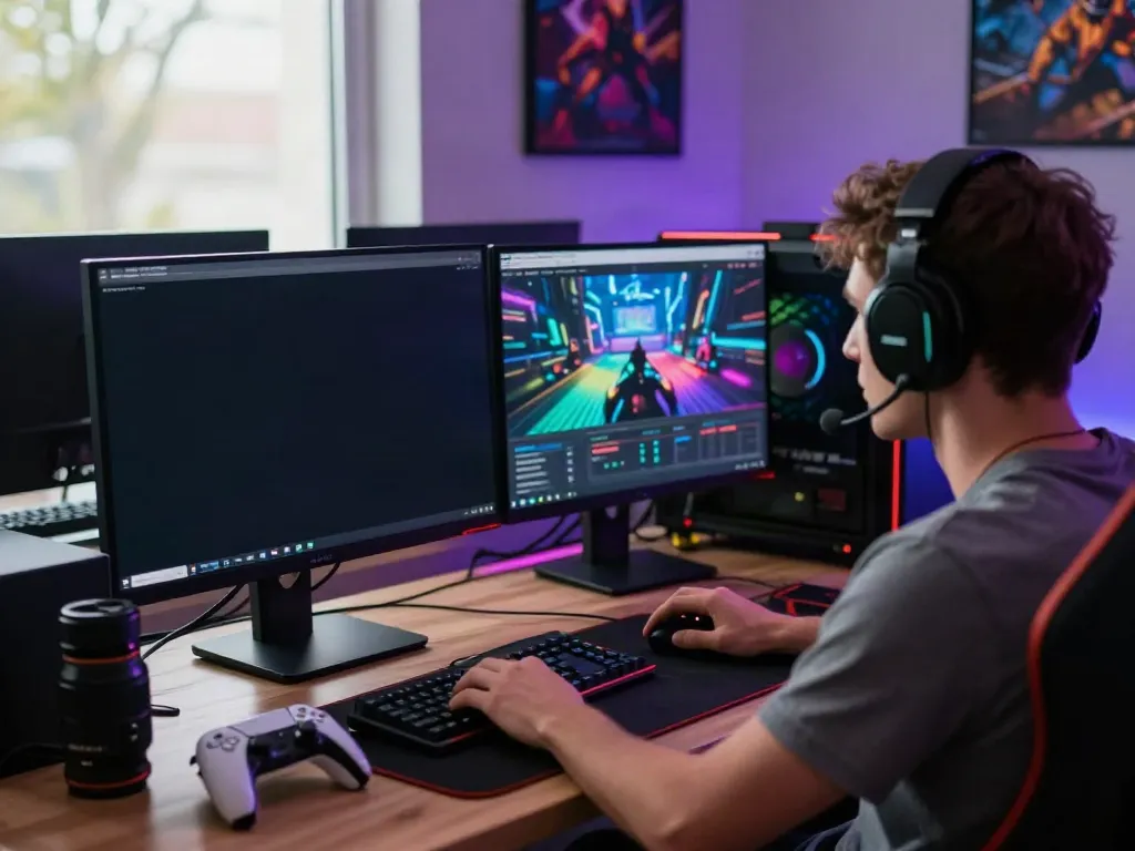 Engaged user exploring the A80 website for online gaming, surrounded by gaming accessories.