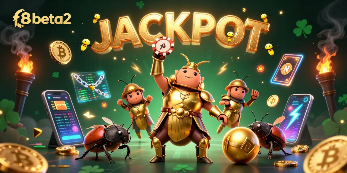 Engage with f8beta2's thrilling casino excitement through a dynamic illustration featuring a victorious beetle champion.