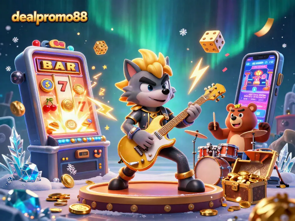 Engage with dealpromo88's vibrant casino adventure featuring a rock star wolf and wild drummer bear.