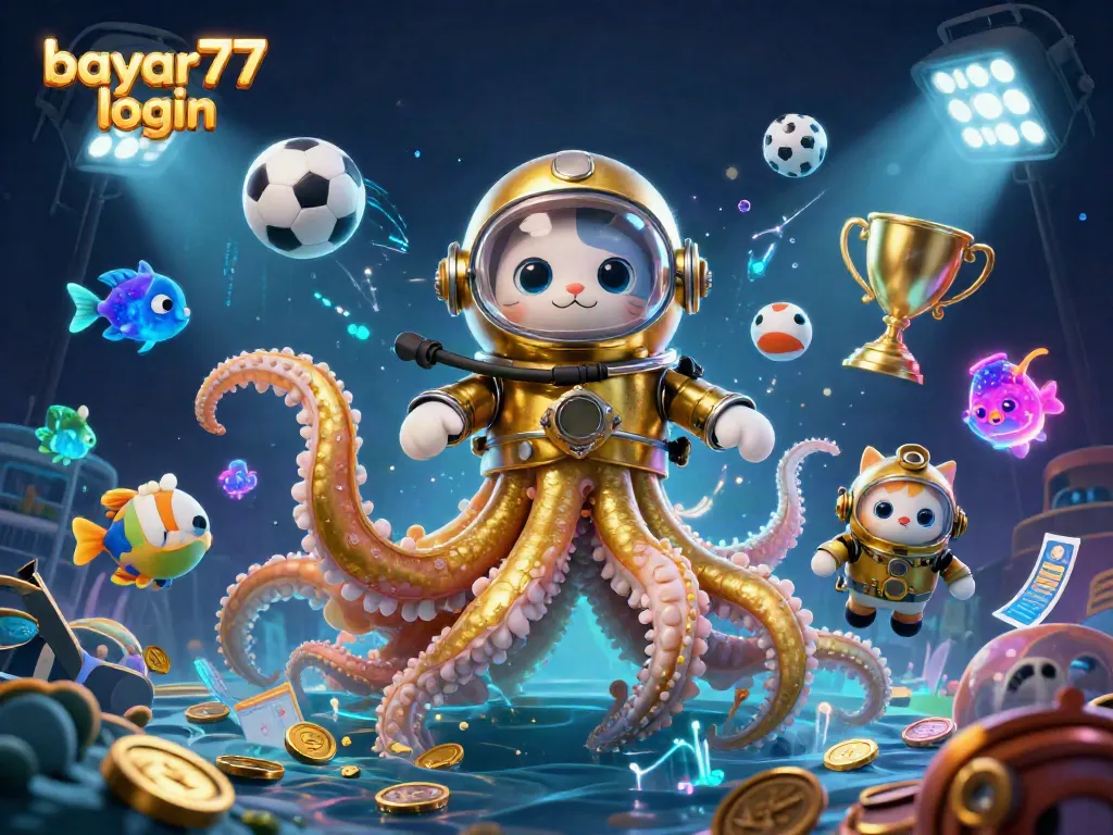 Experience seamless gameplay with bayar77 login in a dynamic 3D casino scene featuring a kraken and diving cat.