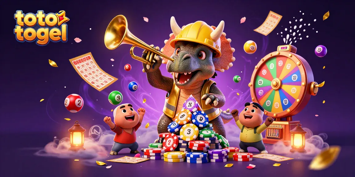 Experience thrilling toto togel action as a triceratops builds a poker chip tower celebrating wins.