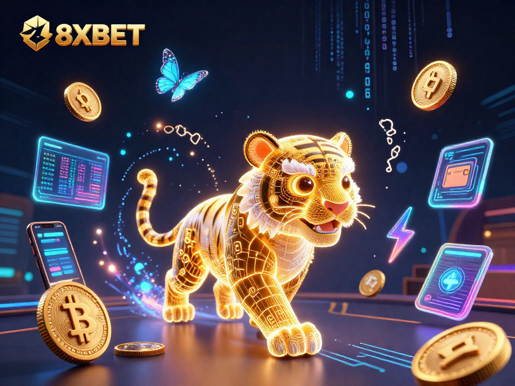 8XBET showcases a vibrant casino world with a golden tiger and crypto elements, highlighting thrilling gaming.