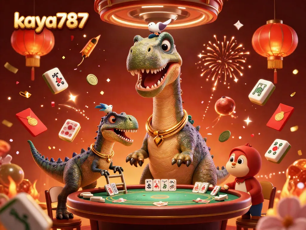 Engage with the exciting features of kaya787 as a cartoon dinosaur oversees a vibrant casino scene filled with fireworks and game elements.