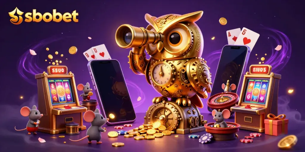 SboBet gamers enjoy a vibrant casino atmosphere with a clockwork owl and dynamic game elements.