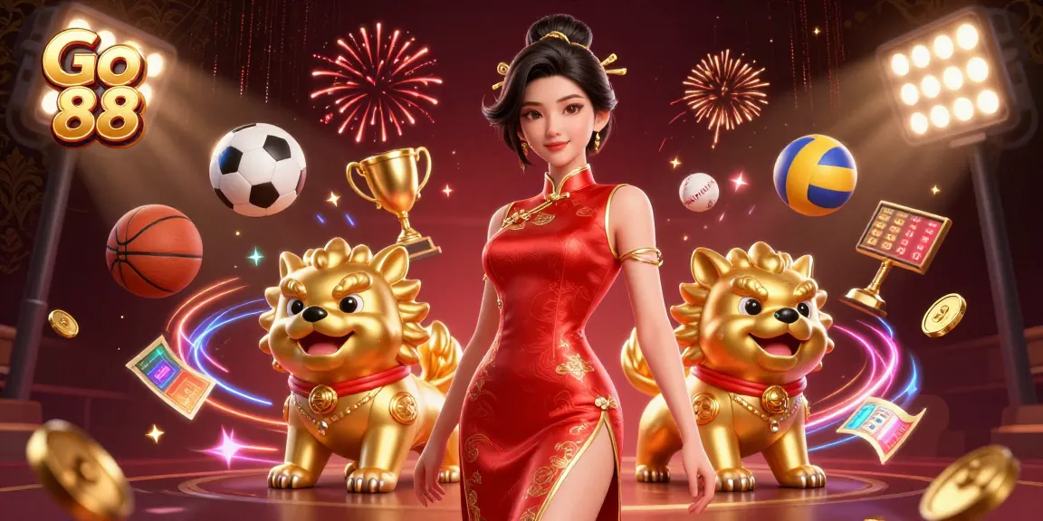 Engage with Go 88 casino excitement featuring a glamorous Asian woman surrounded by sports and vibrant elements.