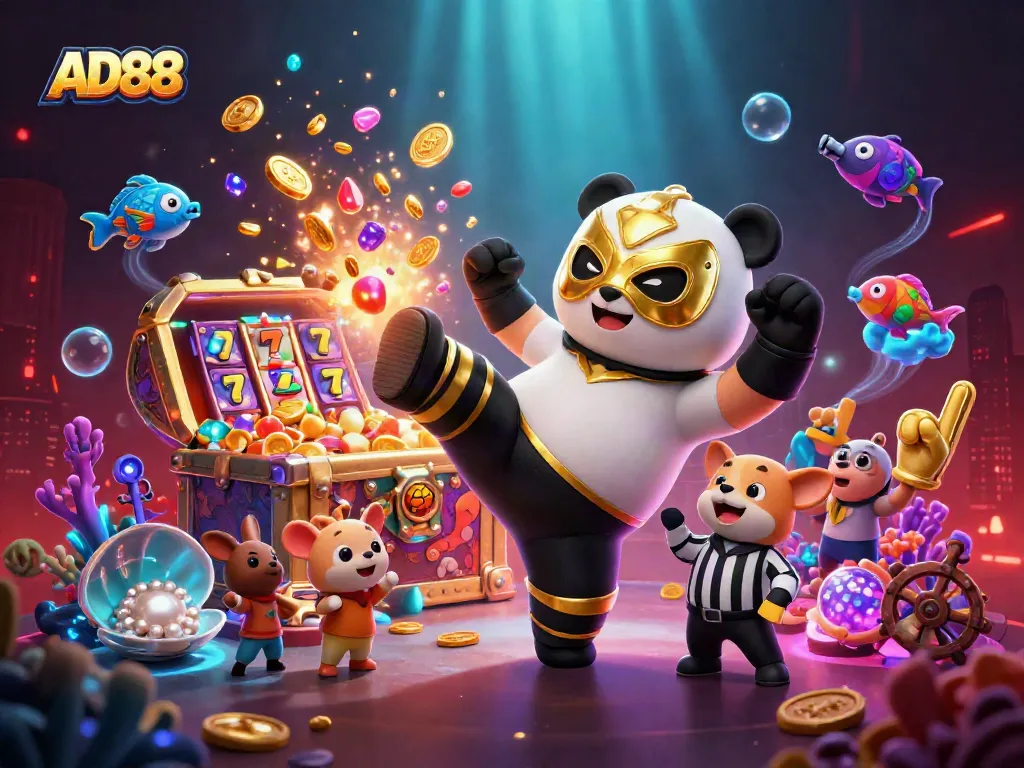 Engage in thrilling moments with AD88’s exciting casino offerings surrounded by lively animated characters.