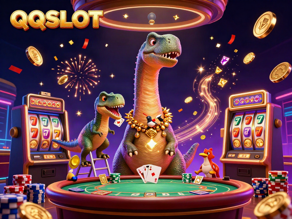 Spin the reels at QQSLOT with a thrilling casino scene featuring vibrant characters and rich details.
