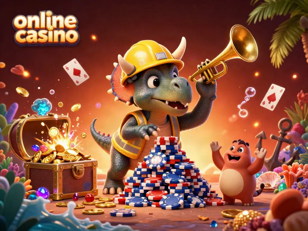 Join the online casino fun with this vibrant scene of animated characters celebrating wins with poker chips and treasures.