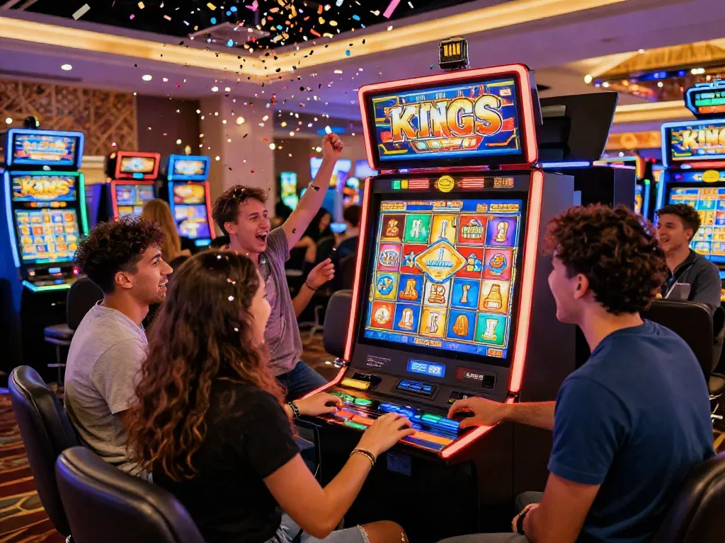 Exciting scene at KING999 slot machine, players celebrating a jackpot win.