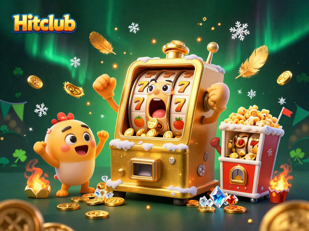 Hitclub features a joyful golden slot machine celebrating a jackpot with coins, amidst a vibrant casino scene.