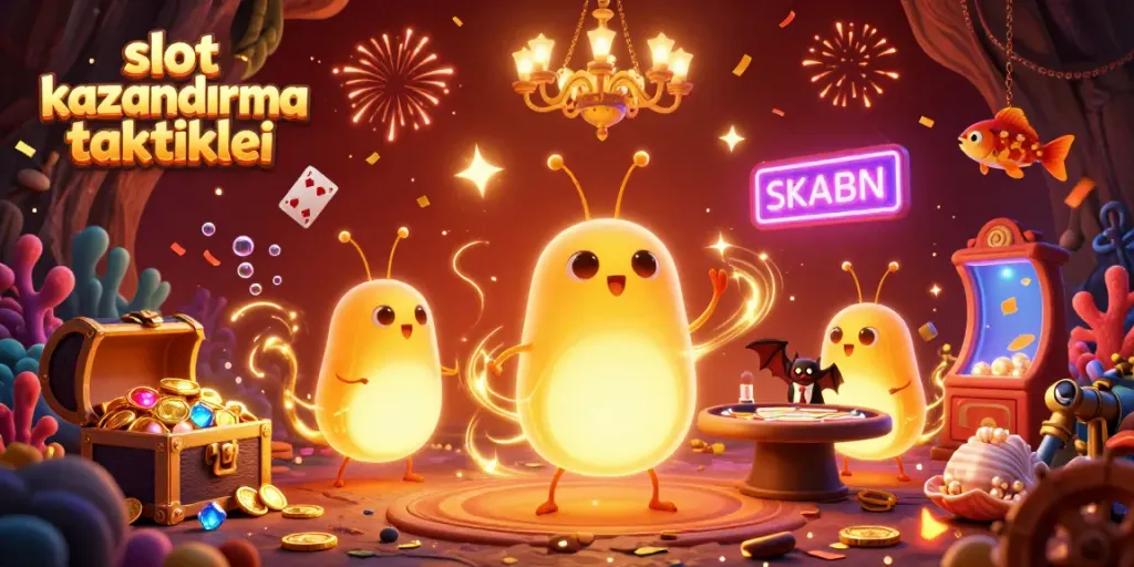 Exciting scene illustrating slot kazandırma taktikleri with glowworms, confetti, and treasures in a vibrant casino.