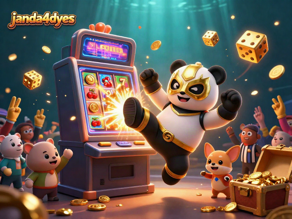 Janda4dyes menampilkan panda pegulat 3D yang melakukan tendangan dengan mesin slot dan emas di sekelilingnya.