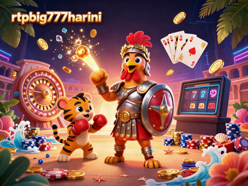 Win big with rtpbig777hariini: a thrilling 3D casino scene featuring action-packed characters and games.