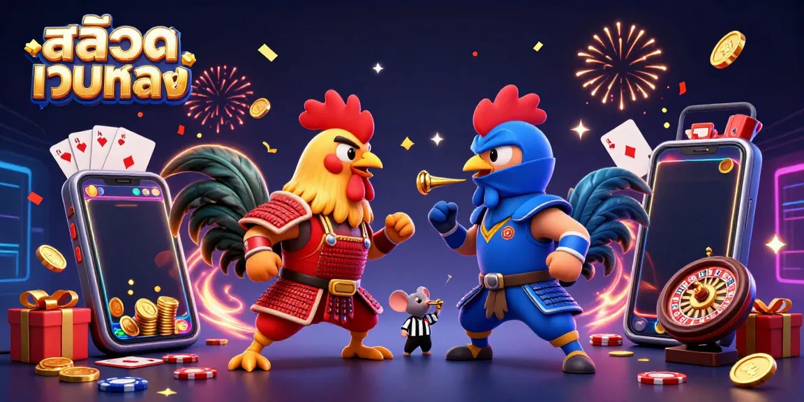 Engage with สล็อตเว็บตรง through intense cartoon rooster battle, surrounded by dynamic slot game elements.