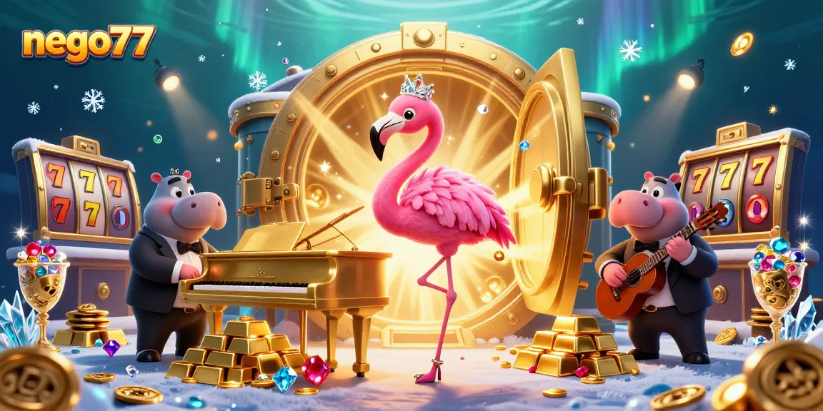 Play thrilling games at nego77, featuring slot reels and sparkling gems in a vibrant casino scene.