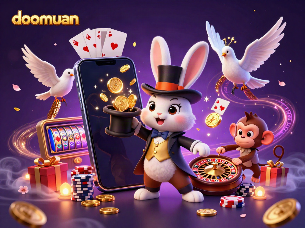 Dive into the excitement of doomuan with a magician rabbit, dove assistant, and monkey amid casino-themed elements.
